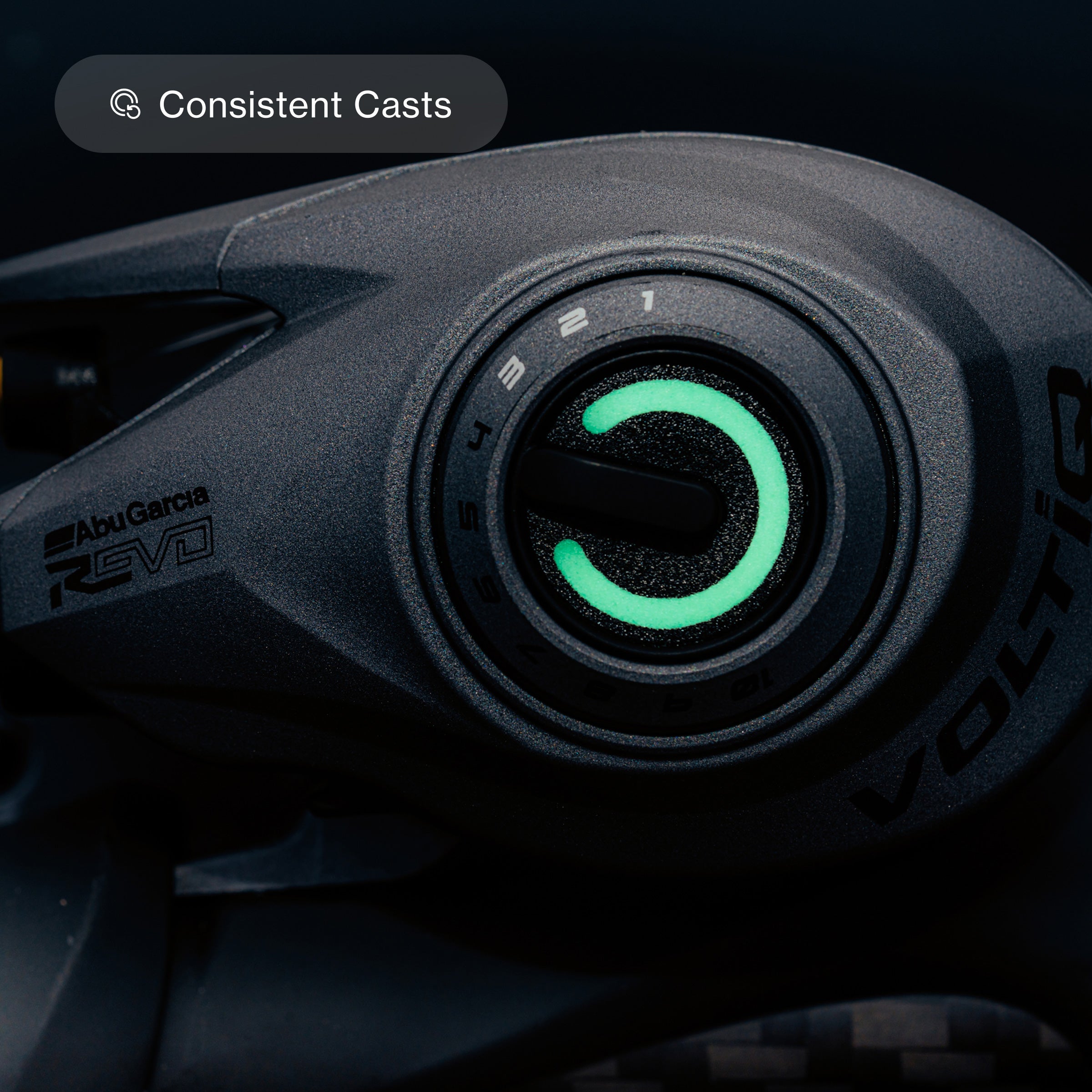 Close up showing the VoltiQ brake in the dark glowing green