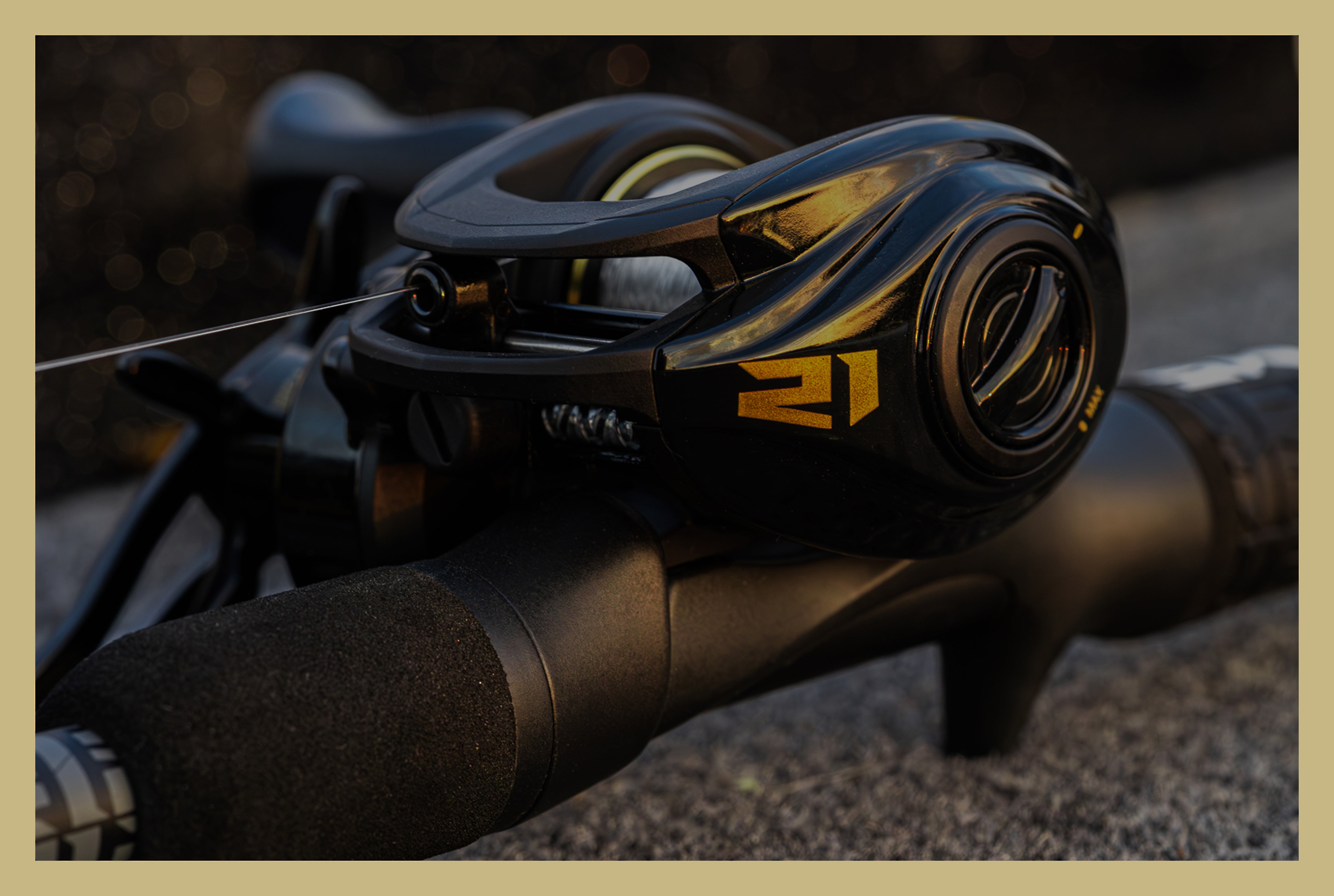 Close-up of a fishing reel with a blurred background