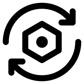 Black icon of a hexagonal symbol with circular arrows around it on a white background
