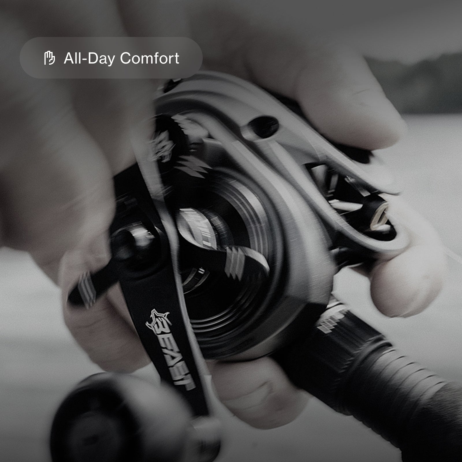 Side profile of low profile reel while man is reeling in line