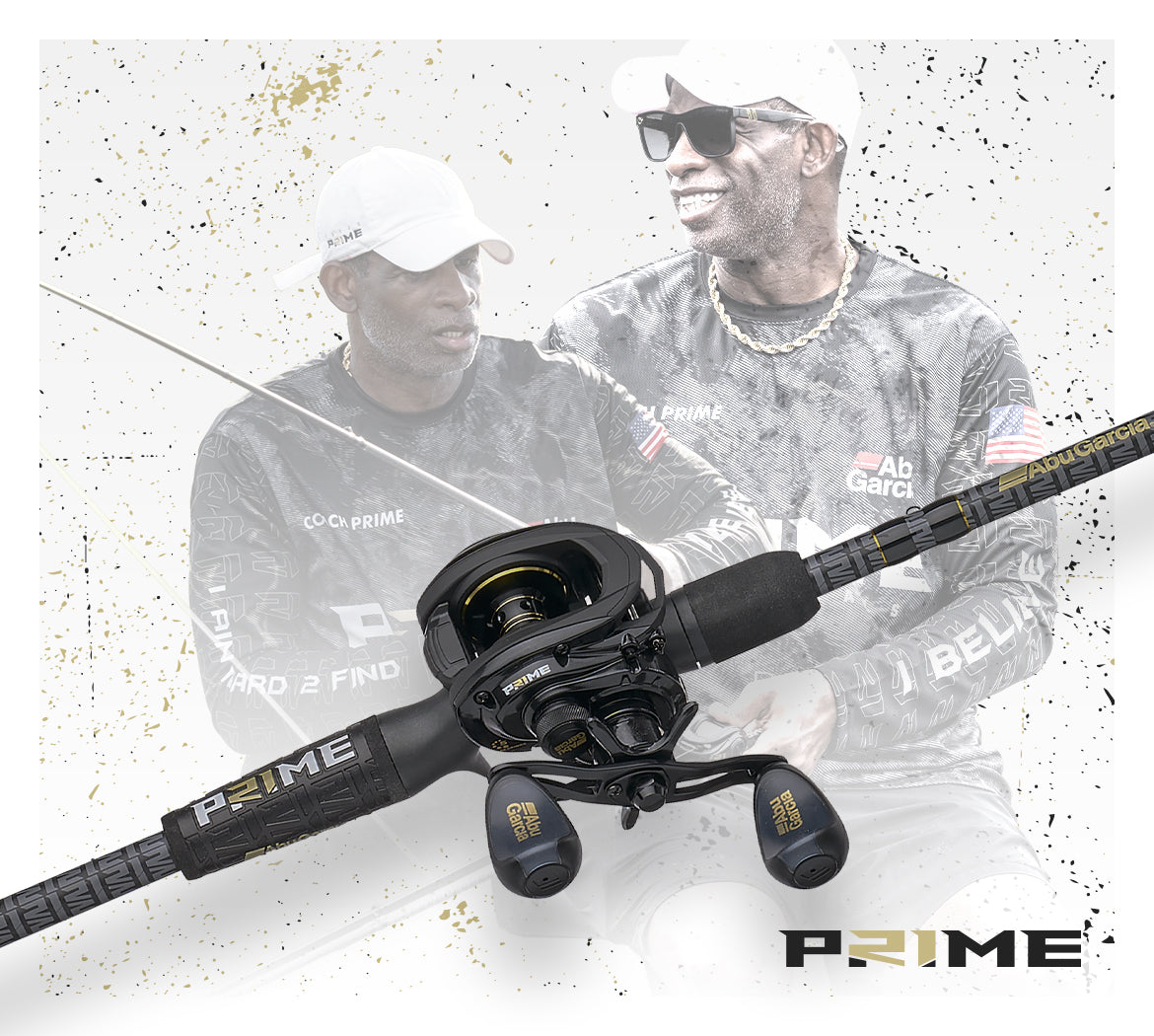 Two men holding a Prime fishing rod with a white background